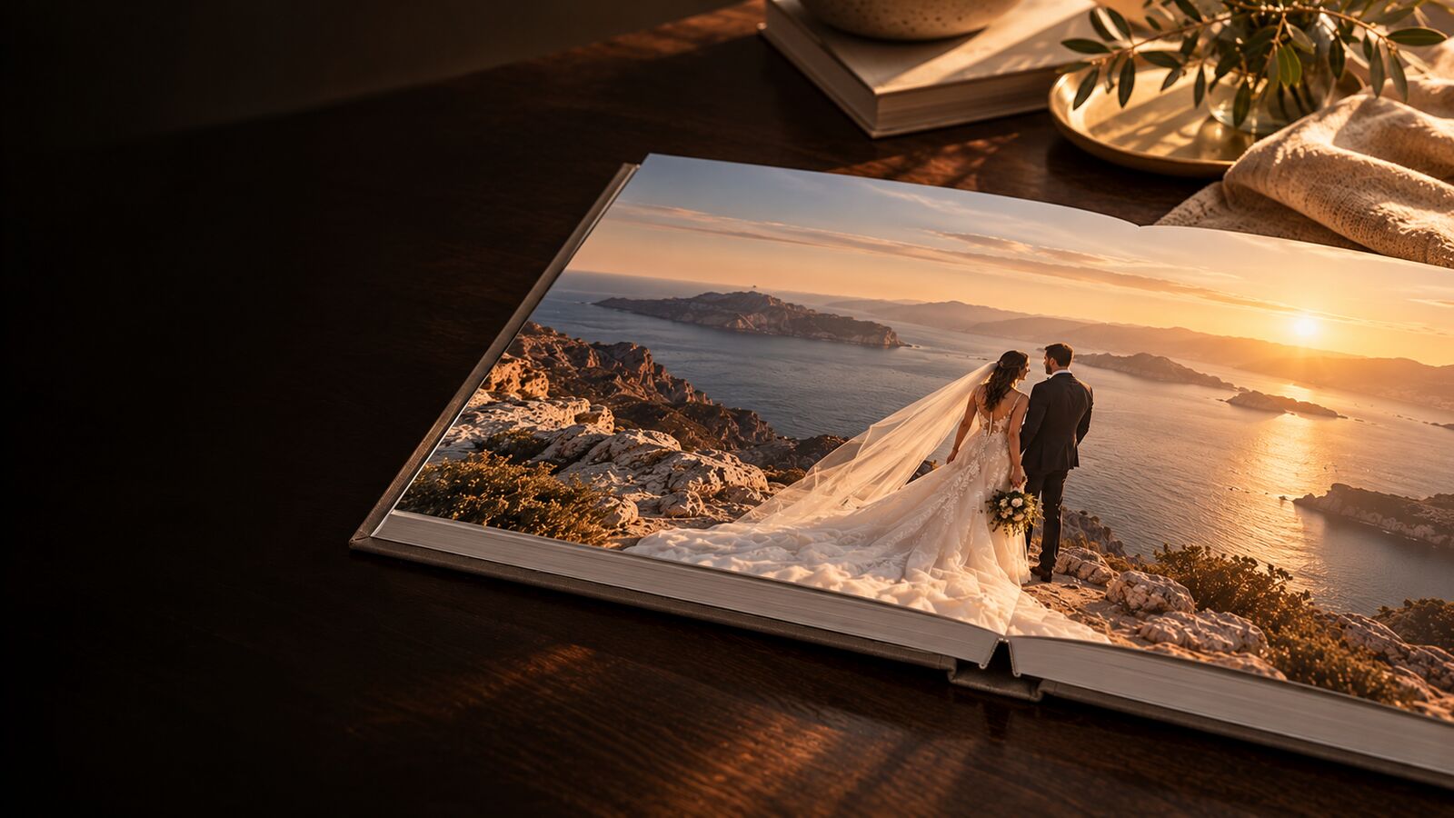 An open VELLAINE lay-flat book: a wedding photograph running across both pages